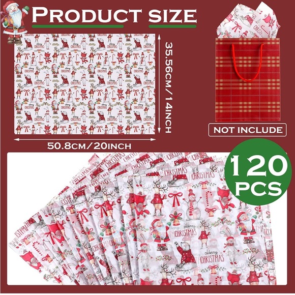 120 Sheets 20” X 14” Merry Christmas Tissue Paper, Fox, Santa, Snowman Bells - Picture 3 of 9